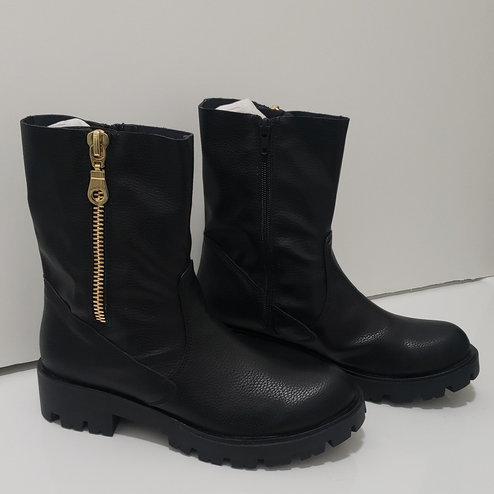 NWT Rebels Black Vegan Leather Motorcyle Ankle Boots with Gold Zipper